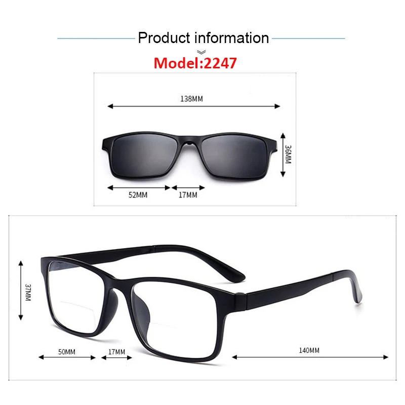 Bifocal Reading Glasses With Magnetic Clip-on Sunglasses Polarized 1.0 1.5 2.0 Classic Style Spectacles Frames Readers Eyeglass