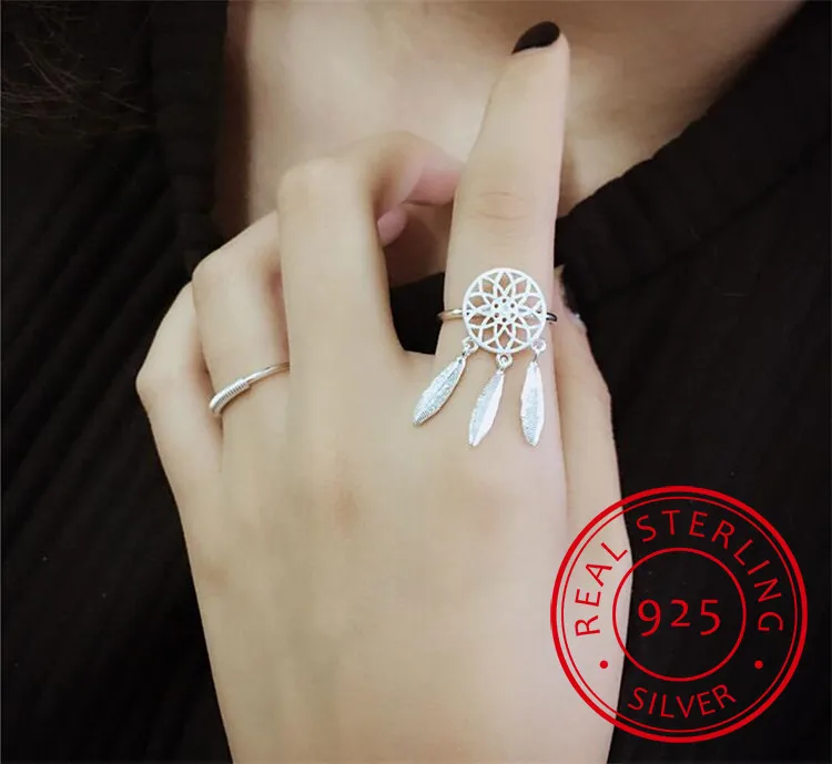 

925 Sterling Silver Rings For Women Dreamcatcher Feather Tassel Resizable Rings Jewelry Bague Anillos S-r211