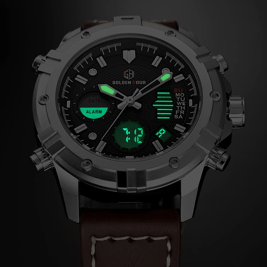 GOLDENHOUR Top Brand Men Fashion Waterproof Quartz Watch Mens Sport Army Military Wirstwatches Leather Dual Display Male Clock