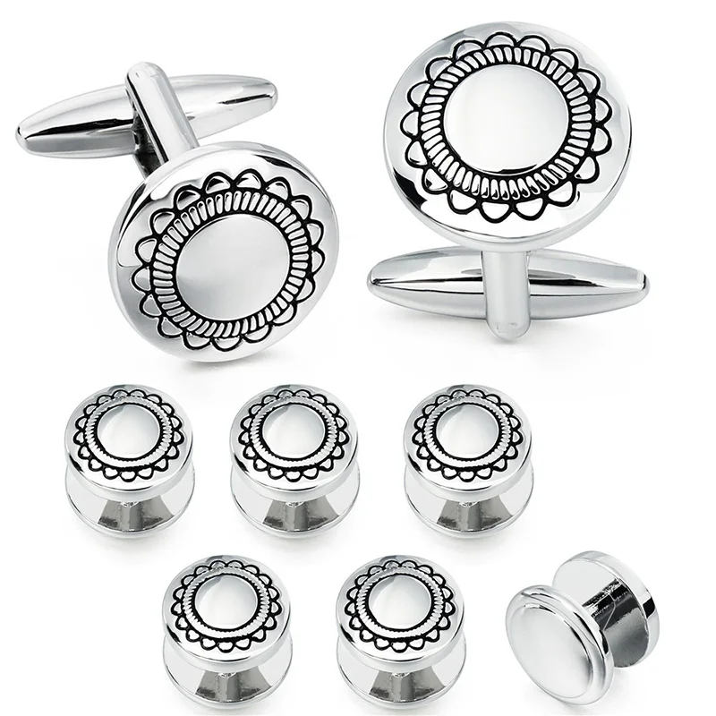 

HAWSON Round Sunflower Pattern Cufflinks and Studs Set Fashion & High Quality Classic Men White Cuff links for Tuxedo