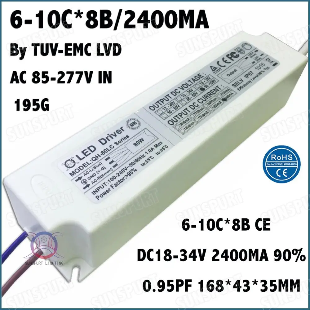 

2 Pcs By TUV-EMC LVD 80W AC85-277V LED Driver 6-10Cx8B 2400mA DC18-34V Constant Current LED Power For Panel light Free Shipping