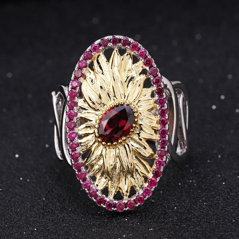 GEM'S BALLET 1.00Ct Natural Rhodolite Garnet Sunflower Rings Real 925 Sterling Silver Oval Handmade Ring for Women Fine Jewelry