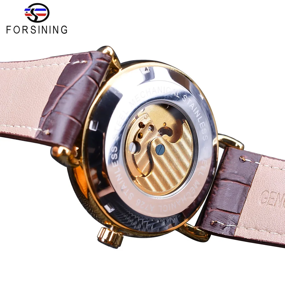 Forsining – montre-bracelet mécanique pour hommes, affichage squelette doré Royal, aiguilles bleues, marron, ceinture en cuir véritable, horloge