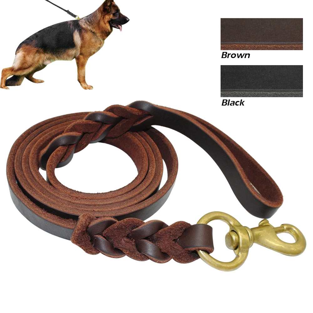 

Genuine Leather Dog Leash Real Leather Dog Training Long Leash Braided Pet Lead Prevent Bite for Medium Large Dogs Black Brown