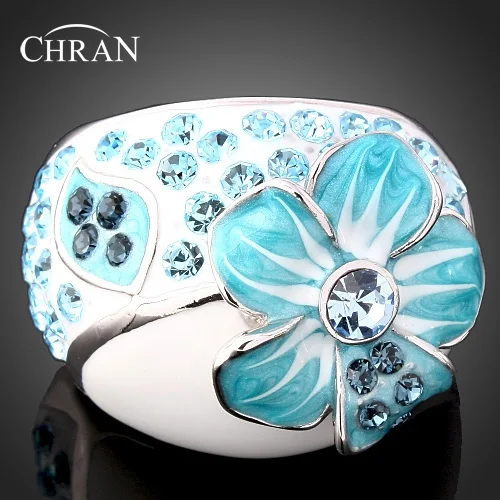 CHRAN Classic Silver Plated Crystal Party Rings Jewelry Charm Enamel Bule Flower Rings for Women