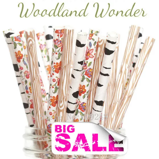 150 Pcs Mix Colors WOODLAND WONDER Party Paper Straws,Woodgrain,Wood Grain,Flower,Wildflower,Floral,Zebra,Birch,Rustic Wedding