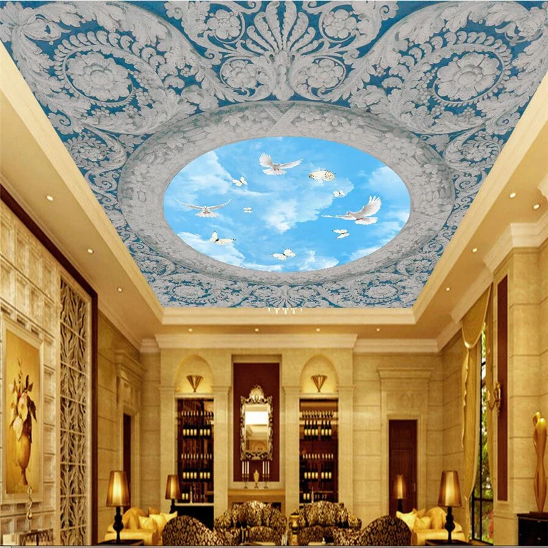 

wellyu Custom Photo Mural 3d Wallpaper European Gypsum Line Embossed Blue Sky White Cloud Creative Ceiling Decorative Painting