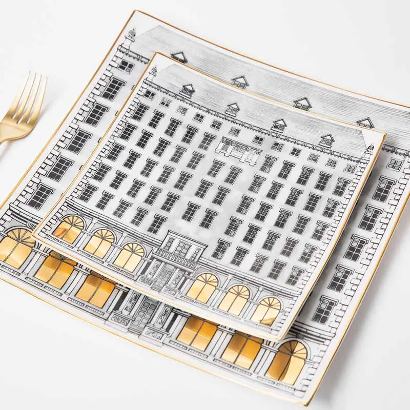 ボーンチャイナスクエアプレートコーヒーカップソーサーセット、手描きの建物、ティーカップ、家庭用食器、朝食トレイカップセット