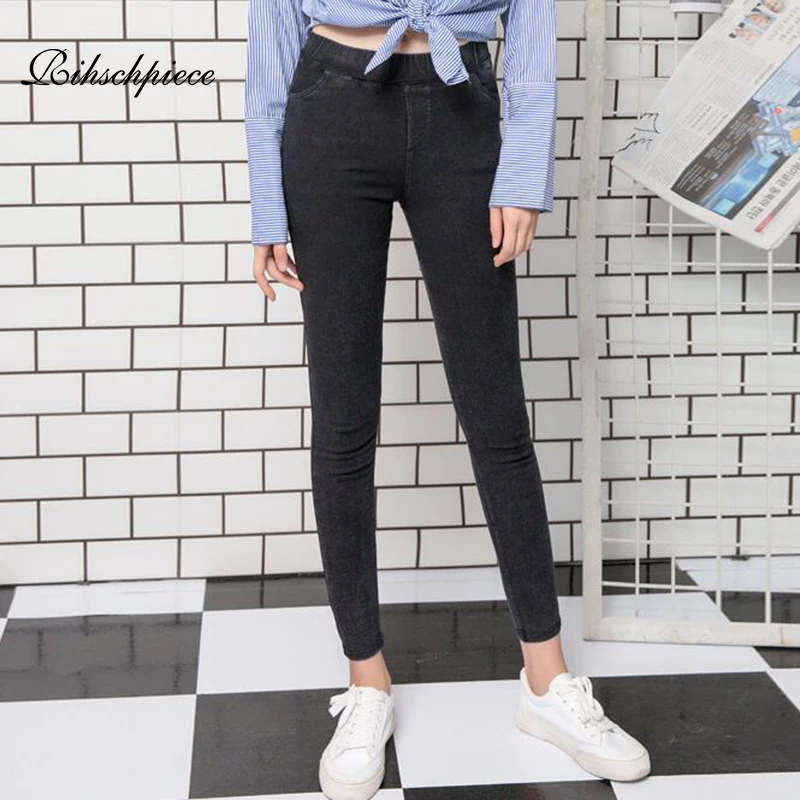 Rihschpiece Plus Size 6XL Denim Leggings Women Jeans Pants Black Punk Jeggings Push Up High Waist Slim Trousers RZF1569