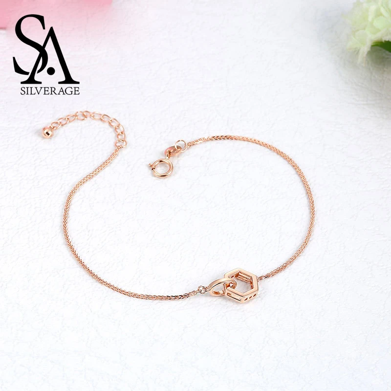 SA SILVERAGE Bracelet Fine Jewelry 2019 Bracelet Girls 18K Rose Gold Chain Link Bracelets Bangles for Women Hexagon Shape Charm