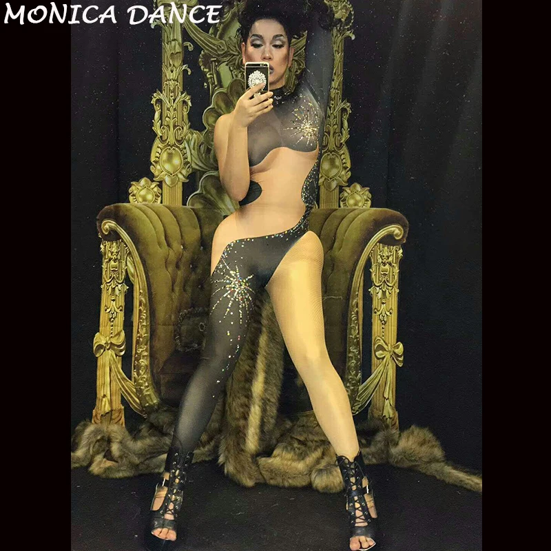 Mono negro de fuegos artificiales para mujer, Mono de una sola pierna, disfraz de bailarina y cantante, Body de una pieza, Leggings de fiesta para club nocturno