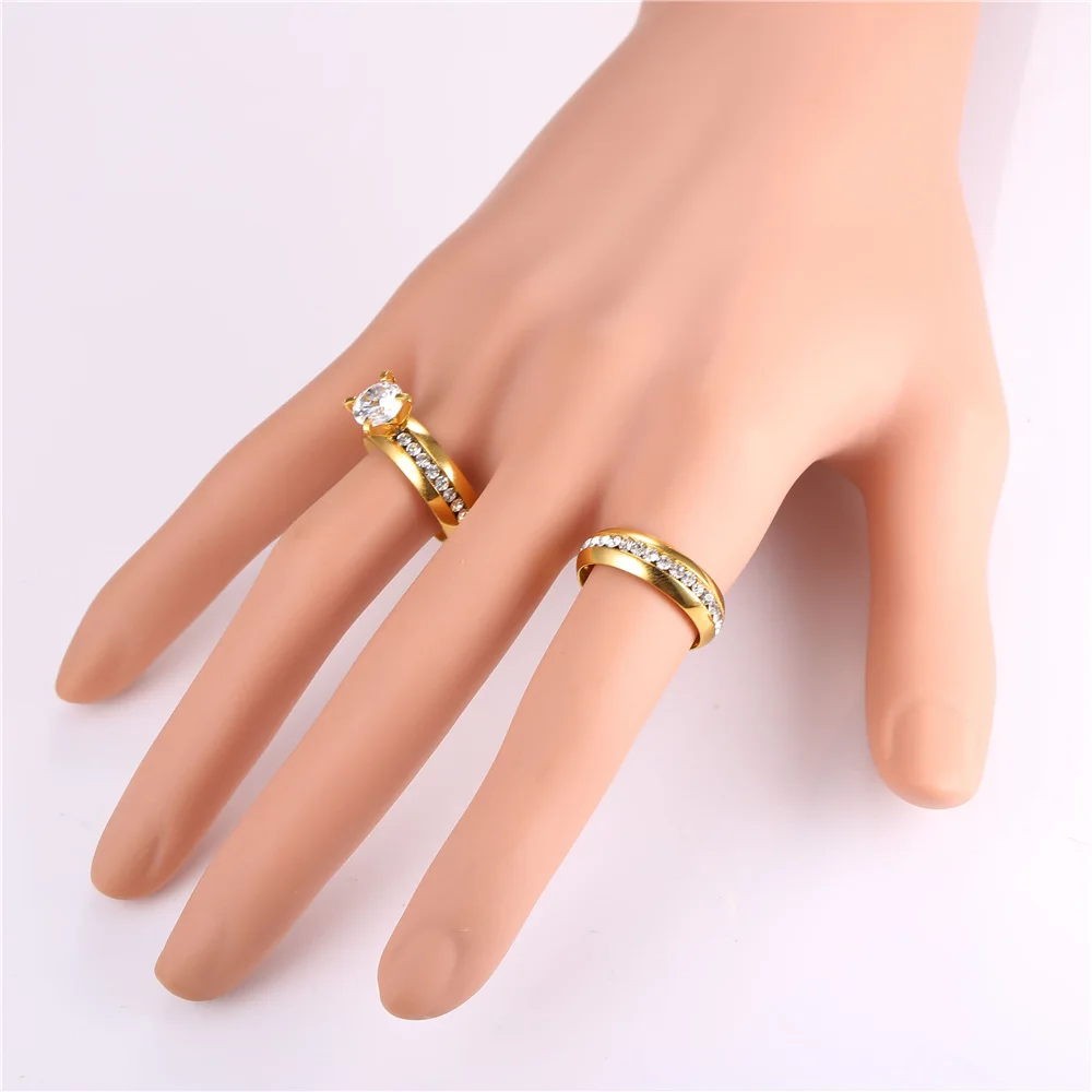 U7 Wedding Couple Band Rings For Men Women Silver/Gold Color White Rhinestones Paved Bridal Set Ring R442 QC24