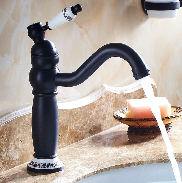 Middle height Black Antique Brass Retro Bathroom Basin Sink Mixer Taps with blue and white porcelain Swivel Spout Faucet B3219