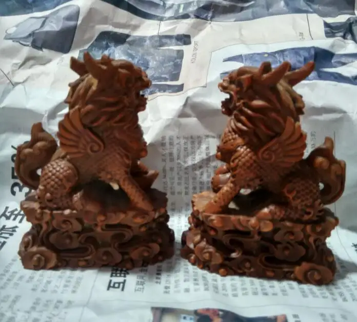 الصينية خشب البقس نحت فنغشوي الأسد فو فو الكلب الحرس الوحش تمثال زوج #6