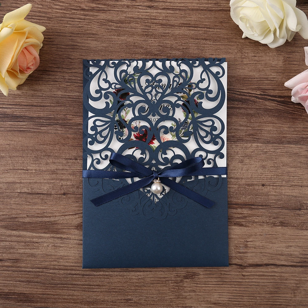 50pcs Navy blue New Arrival Horizontal Laser Cut Wedding Invitations with RSVP card,pearl ribbon,Customizable