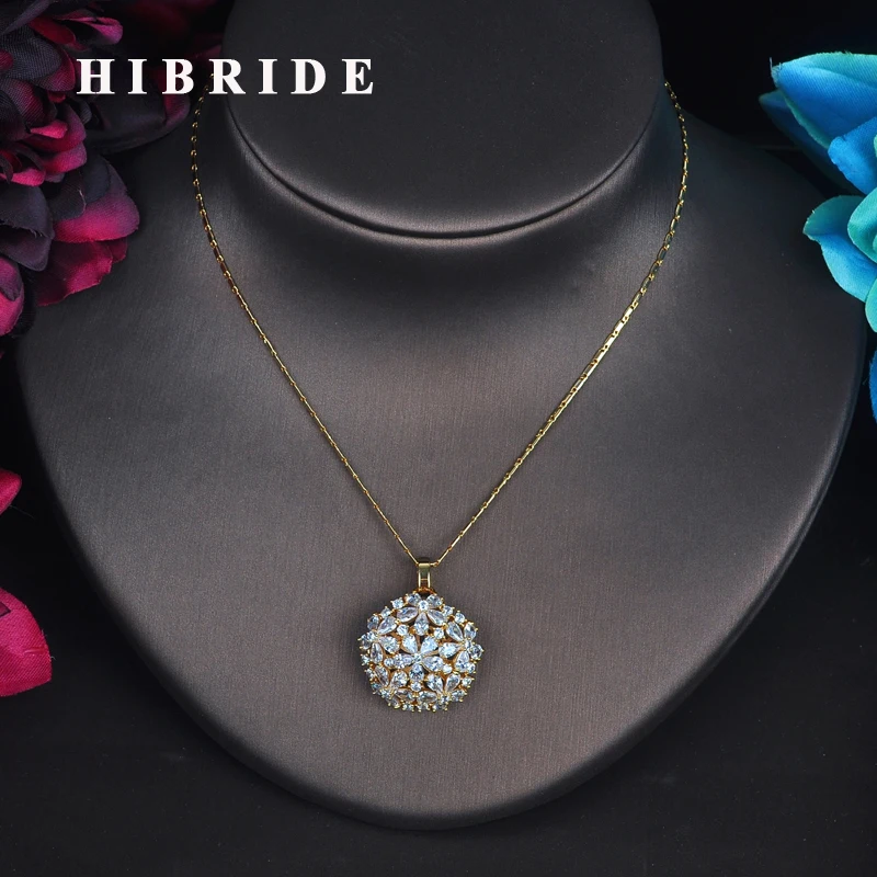 

HIBRIDE New Design Flower Shape AAA Cubic Zircon Necklace Fashion Gold Color Jewely With Long Chain For Women Femme Gift N-507