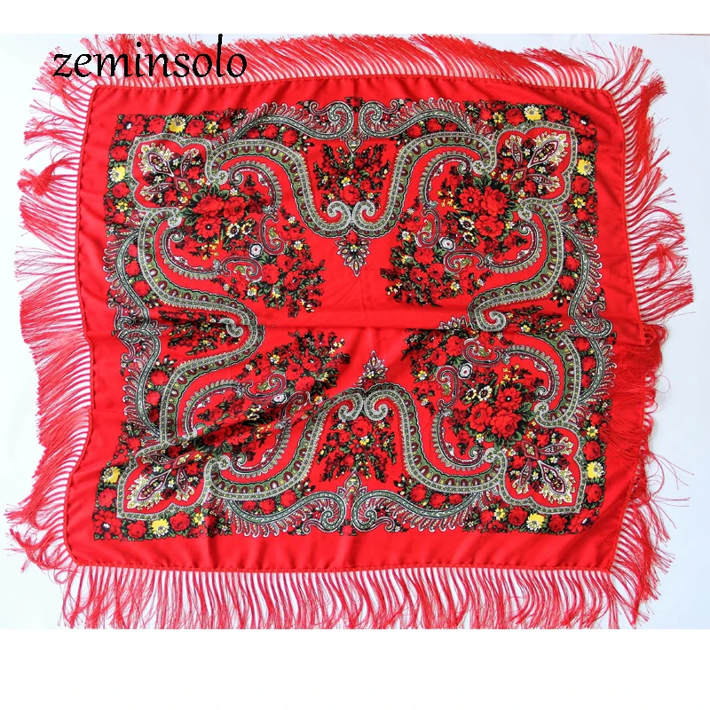 Sciarpe russe invernali di marca di lusso per le donne sciarpa quadrata scialle stampa Bandana floreale fazzoletto di cotone frangia nappa fatta a