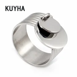 Stainless Steel Tag Ring with Genuine Engravable Charm Exclusive Silver Color Wedding Ring for Women