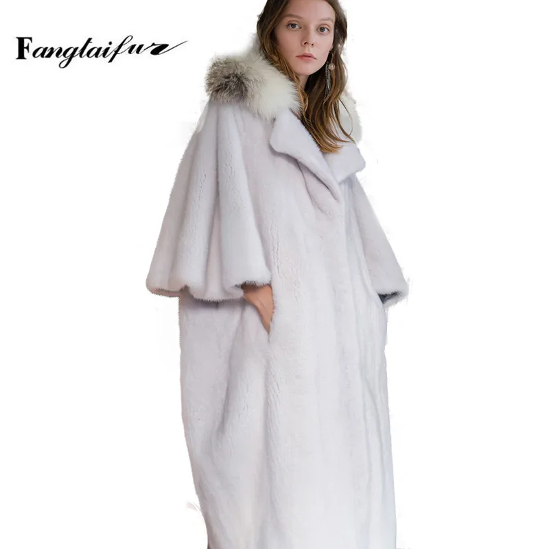 

Ftangaiur New Winter Import Copenhagen Velvet Mink Fur Coat With Fox Fur Collar Three Quarter Batwing Sleeve Real Mink Fur Coats