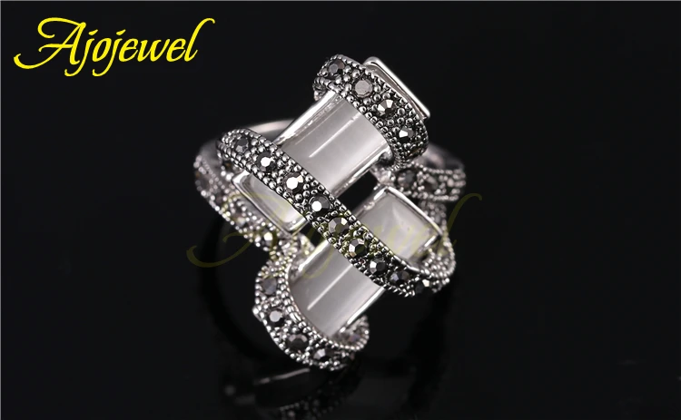 Ajojewel Retro White Opal Ring Women Pave Black Rhinestones Finger Rings Size 7-9 Vintage Jewelry Bijoux