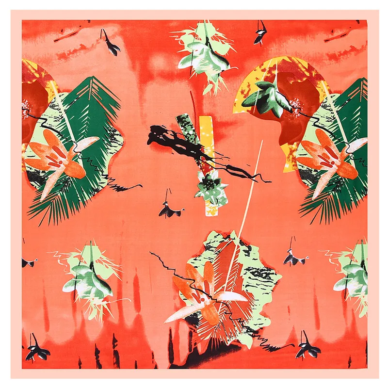 

POBING Silk Scarf Women Plant Leaves Print Silk Foulard Female Neckerchief Small Bandana Square Scarves Lady Accessories 60*60CM