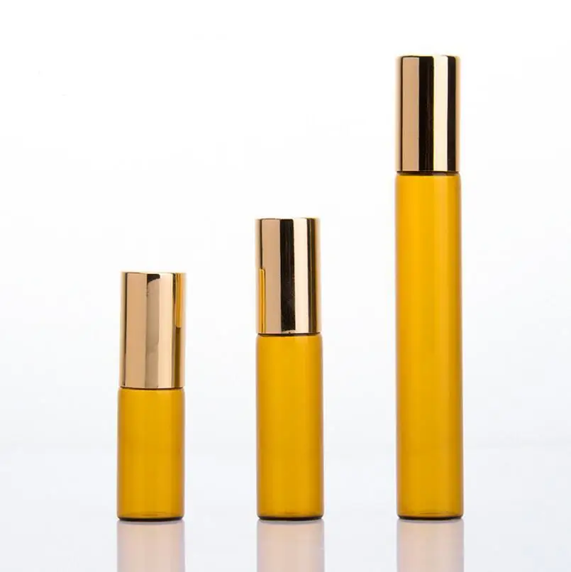 

3ml 5ml 10ml Refillable Amber Roll On Perfume Glass Essential Oil Bottle With Steel Metal Roller ball