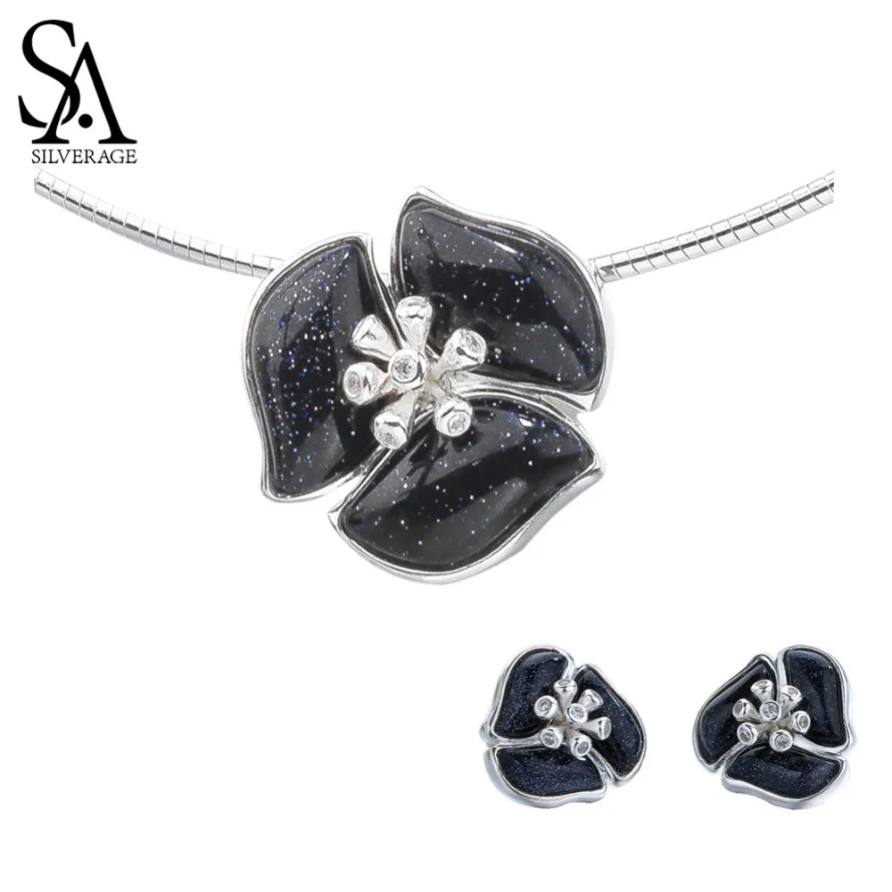 

SA SILVERAGE 925 Sterling Silver Gemstone Stud Earrings Pendant Choker Necklaces Wedding Rings Jewelry Sets Black Iris Flower