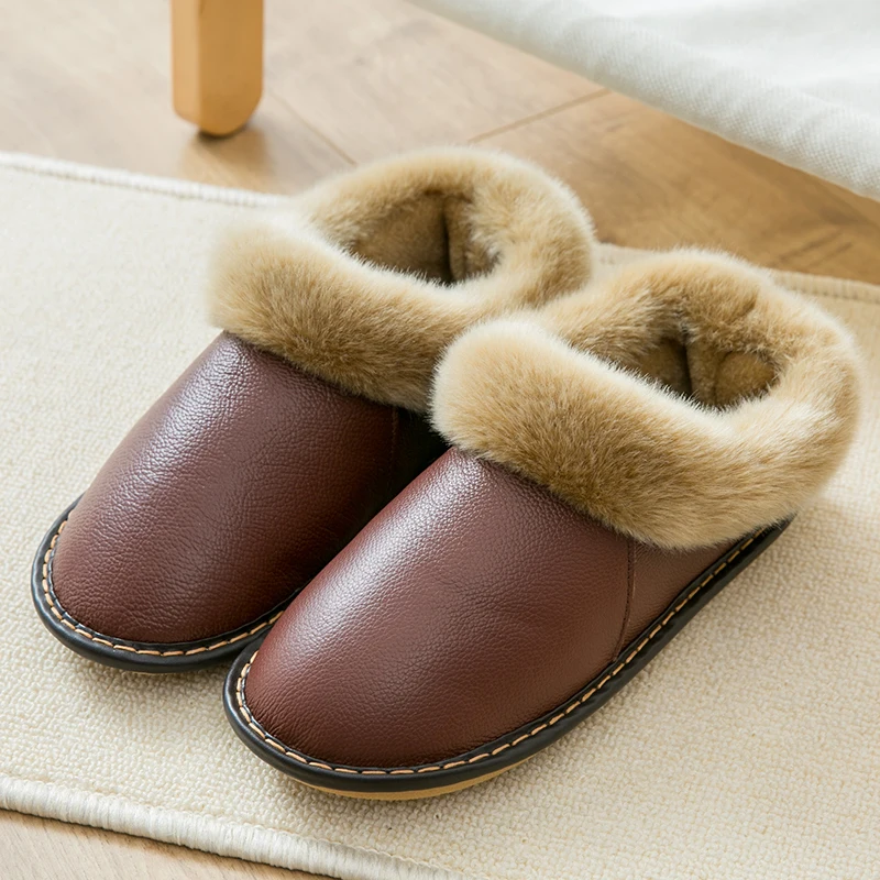 Mntrerm 2020 Winter Plush Warm Home Leather Slippers Non-Slip Thick Warm House Shoes Cotton Men Slippers Plus Size Indoor Shoes