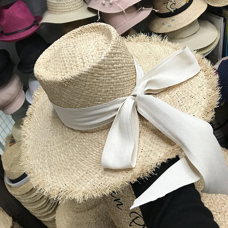 Natural Women Sun Hat Raffia Long Black Beige Ribbon Tie Sun Beach Hat Ladies Fringed Wide Brim Straw Hat Summer Travel Hat Cap