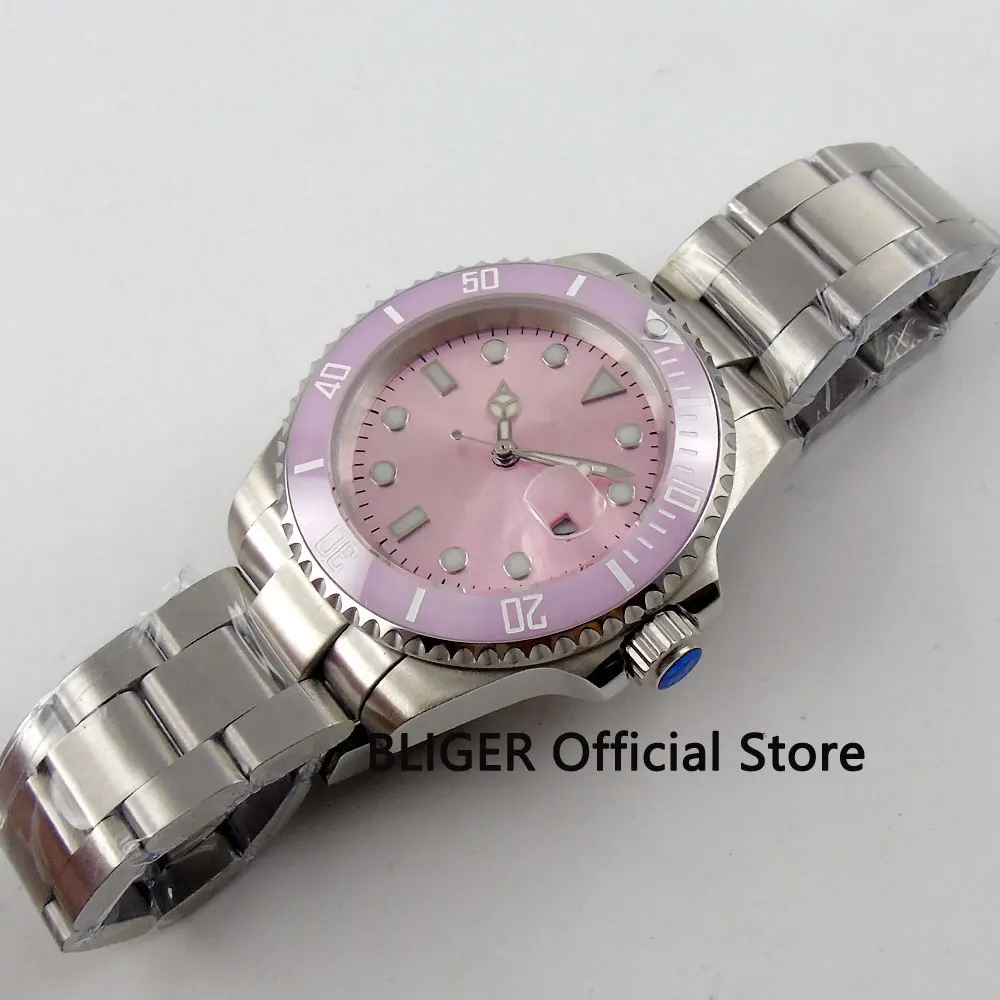 BLIGER 40mm Pink Sterile Dial Luminous Sapphire Glass Ceramic Bezel Insert MIYOTA Automatic Movement Men\'s Watch Men