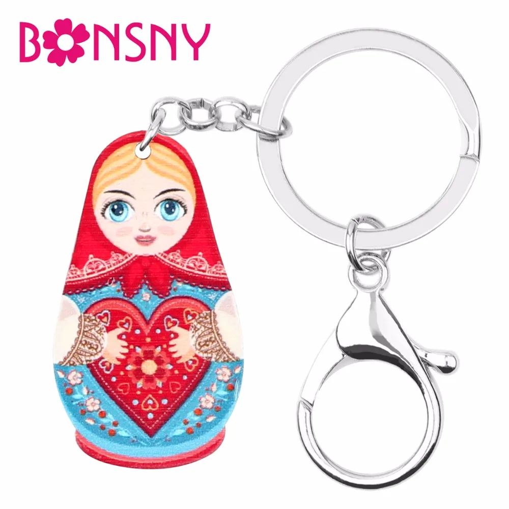 Bonsny Arylic Russian Dolls Matryoshka Key Chains Key Ring Women Girls Car Bag Pendant Cute Fashion Jewelry Key Decoration