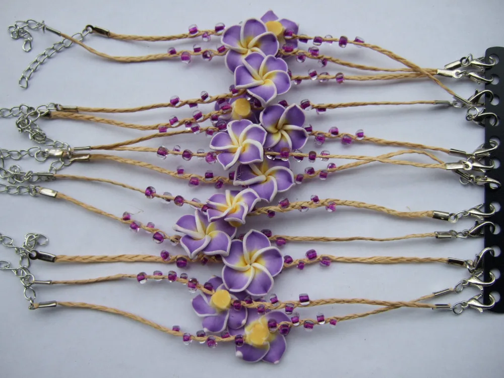 12pcs mixed color Natural Woven Raffia Plumeria Flower Clay Lucky Bracelets Fine Jewelry