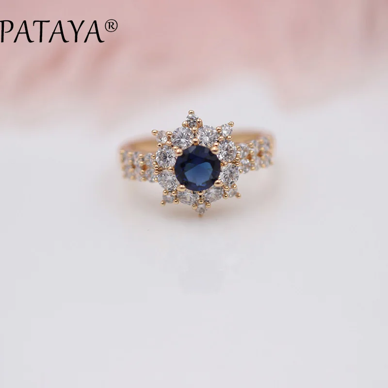 PATAYA New Original Design Blue Sunflower Round Natural Zircon  Earrings Rings Sets 585 Rose Gold Color Women Wedding Jewelry