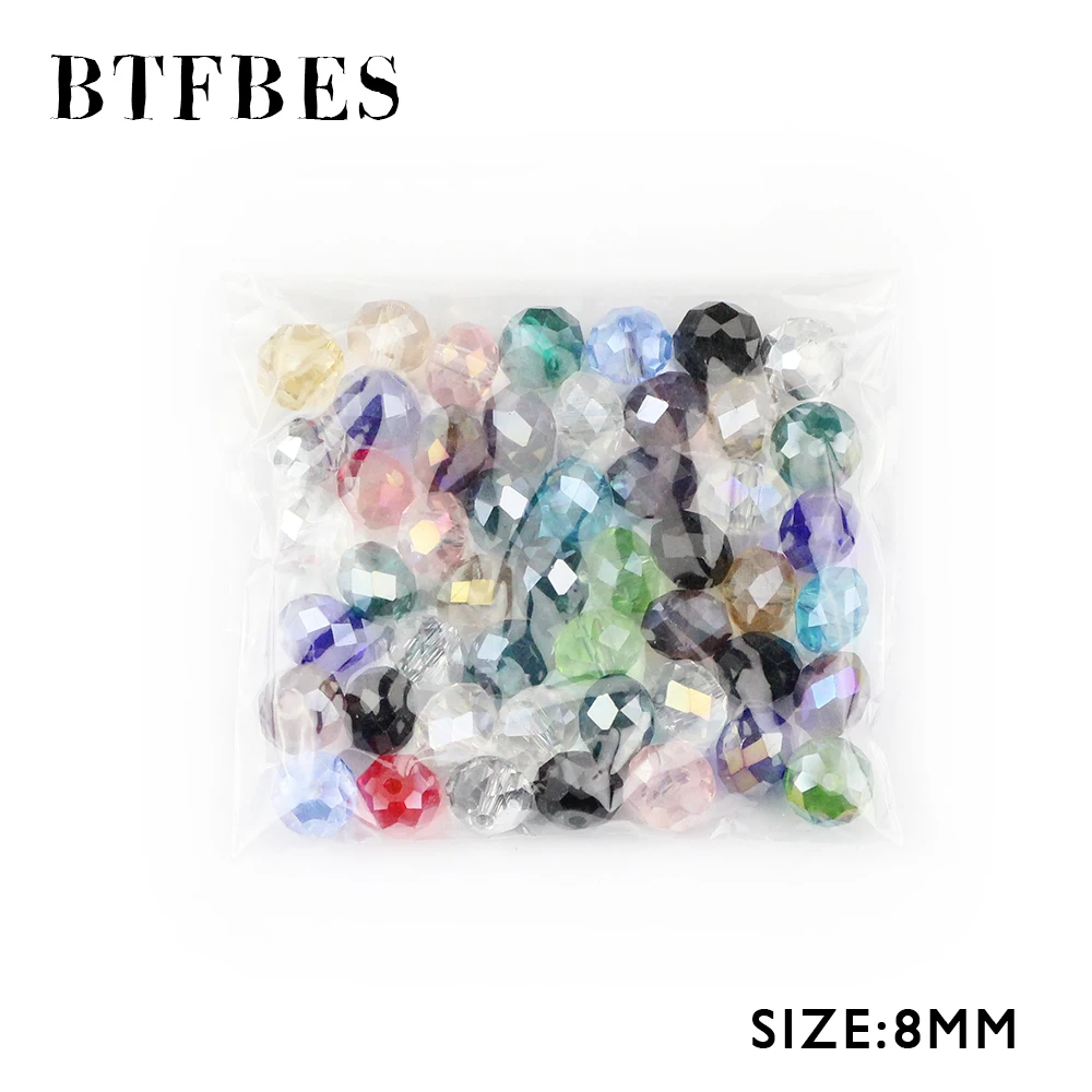 BTFBES Austrian Crystals 8mm 50pcs Faceted Flat Round glass Ball Loose Beads For Jewelry Bracelet earring Making Accessories DIY