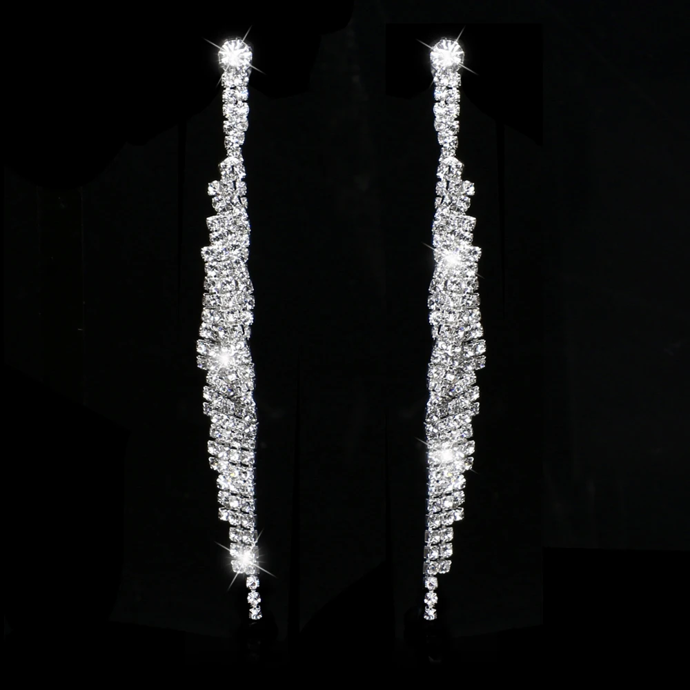 TREAZY Crystal Bridal Tassel Long Earrings Sparkly Silver Color Rhinestone Dangle Earrings For Women Wedding Prom Jewelry