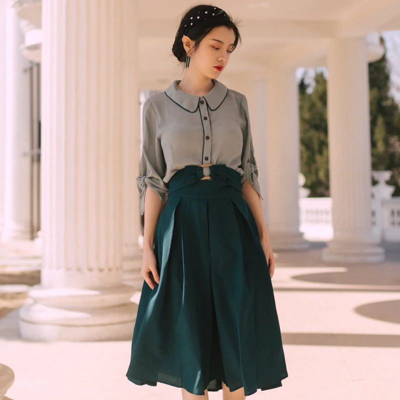 Spring/Summer Women's Dress Vintage Art Hepburn British College Style Turn-down Collar Fashion Dress Set