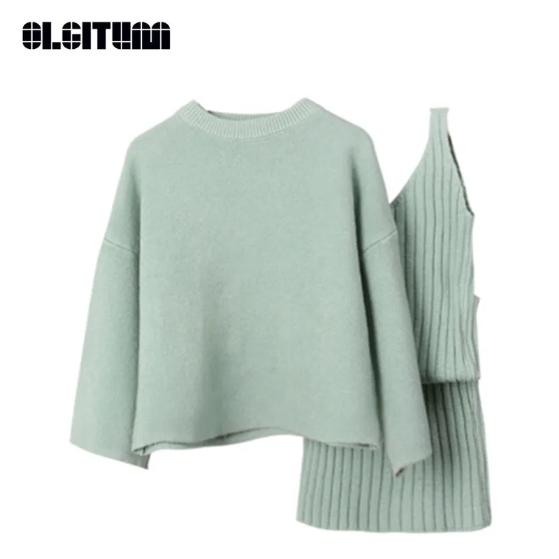 New Fashion Women Knit Suits 2020 Wool Sweater Elastic Cashmere Suit Loose Pullover Sweater +Long Hip Skirt Two Piece WS046