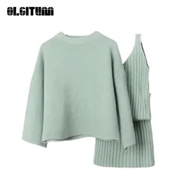 New Fashion Women Knit Suits 2020 maglione di lana abito elastico in Cashmere maglione Pullover allentato + gonna lunga all'anca due pezzi WS046