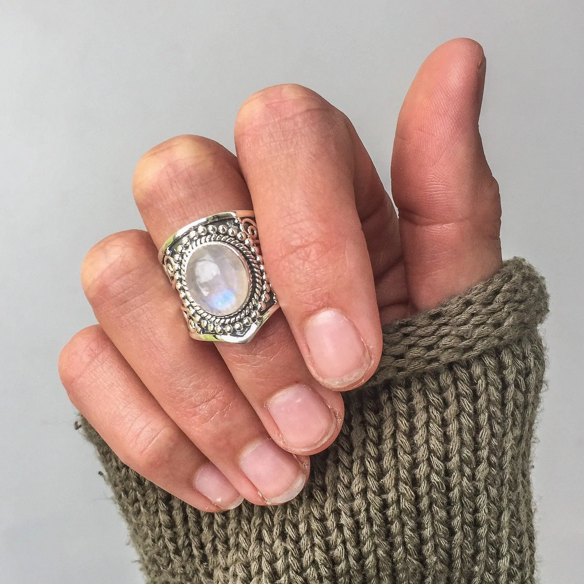 Wholesale Silver Color Big Manmade Moonstone Rings for Women,Large Antique Punk Jewelry Marquise Ring Charm Engagement Rings