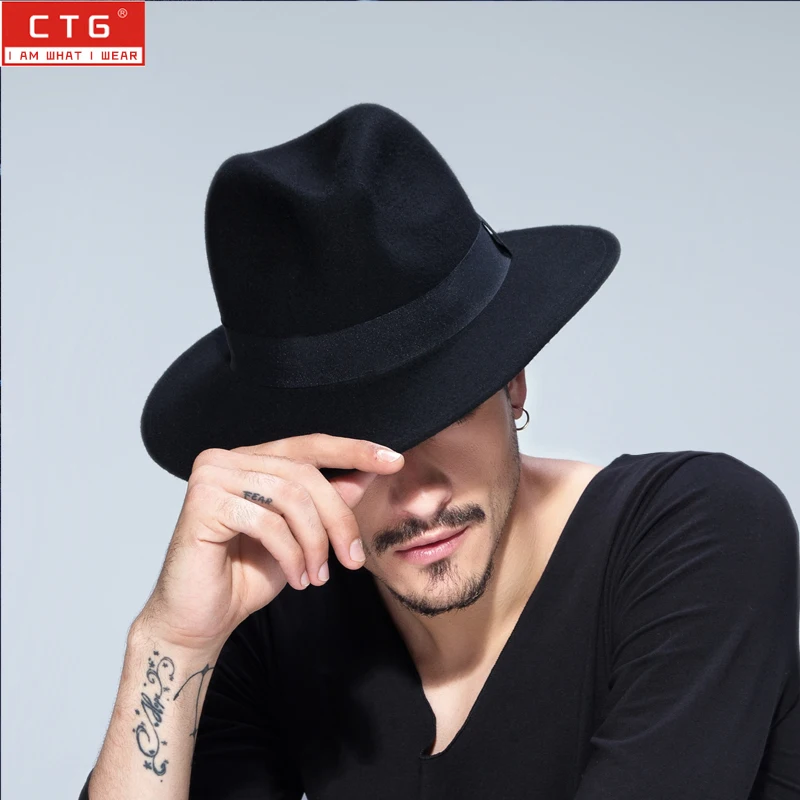 Male wool felt  British Panama Jazz hat 100% wool fedora felt hat Black Panama hat  Wide brim classic trilby hat  B-1509