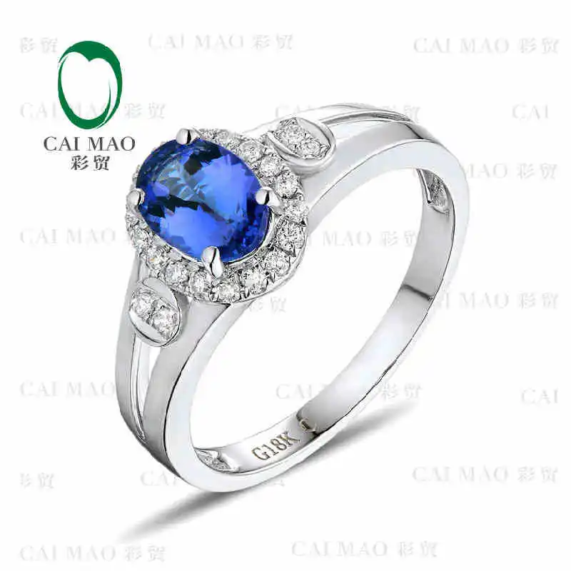 CaiMao 18KT/750 White Gold 1.05 ct Natural IF Blue Tanzanite AAA 0.16 ct Full Cut Diamond Engagement Gemstone Ring Jewelry