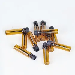 100 adet/grup 1ml 2ml Amber cam parfüm şişesi doldurulabilir Mini örnek cam uçucu yağ şişeleri kozmetik konteyner