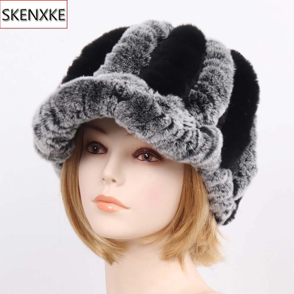 

New Women Knit Real Rex Rabbit Fur Striped Hats Winter Warm Floral Genuine Fur Caps Lady Natural Fur Hat Wholesale Retail