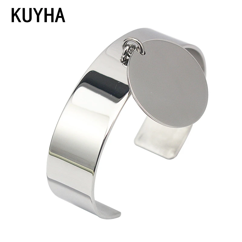 Stainless Steel Cuff Bracelet with Round Engravable Laser Charms Women Jewelry Couple Bracelet & Bangle