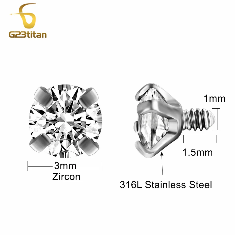 3mm Zircon Ball 1 mm Internally Threaded Stainless Steel Accessory for Body Jewelry Labret Curved Barbell Horseshoe Ring