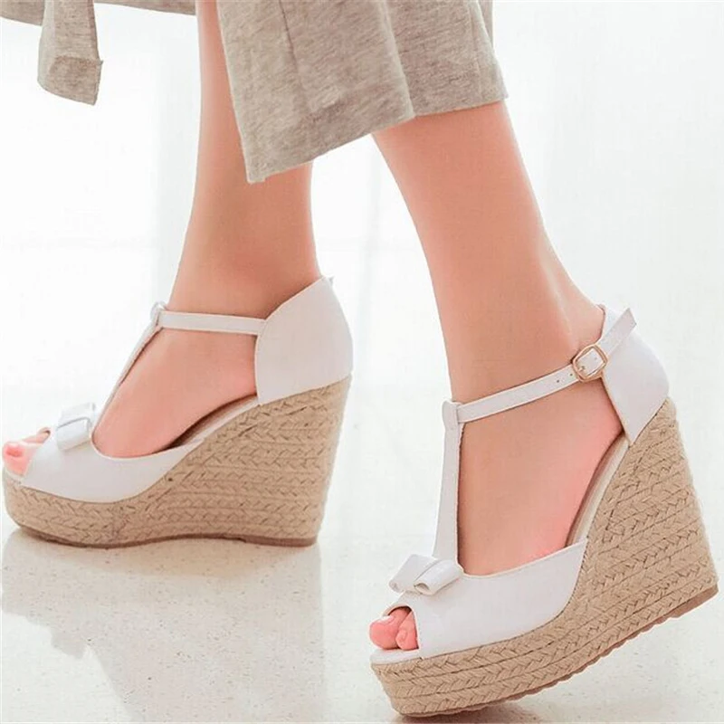 Bow Straw High Heels Gladiator Platform Sandals For Women Simple Summer Buckle T-Strap Pu Leather White Wedge Lolita Shoes Woman