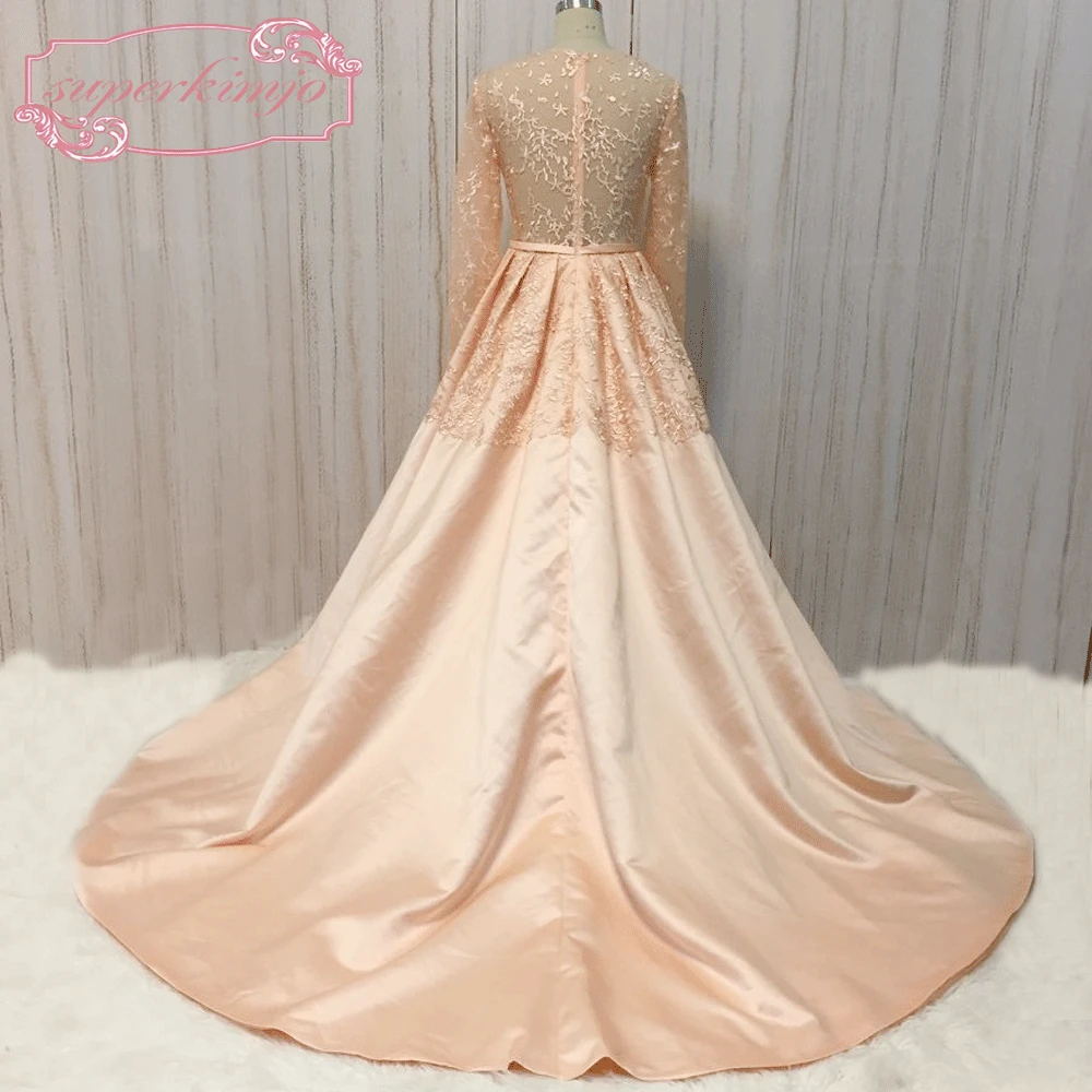 SuperKimJo Vestidos De Festa Long Sleeve Lace Peach Prom Dresses 2020 Elegant Saudi Arabic Prom Gowns with Sleeves