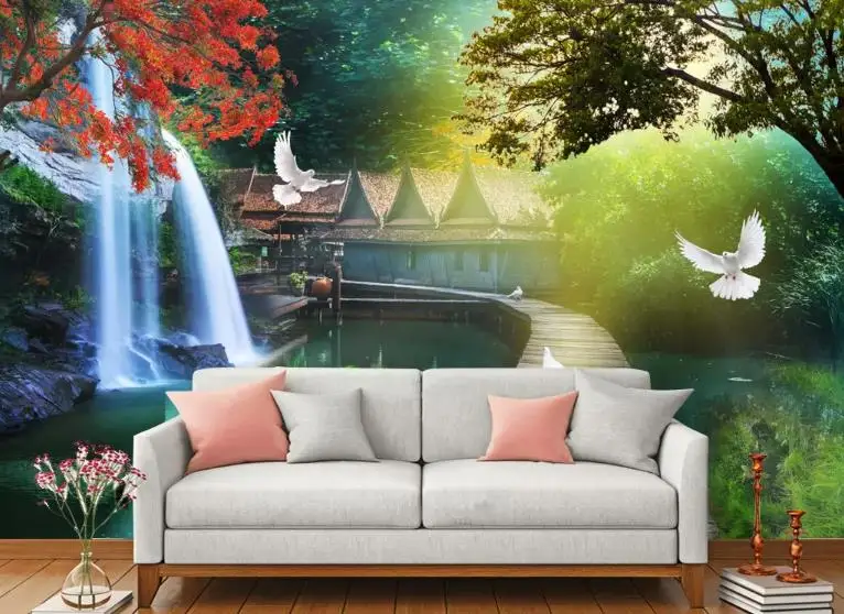 

custom wall paper Waterfall landscape wallpapers for living room photo wall mural nonwoven TV backdrop wallpaper