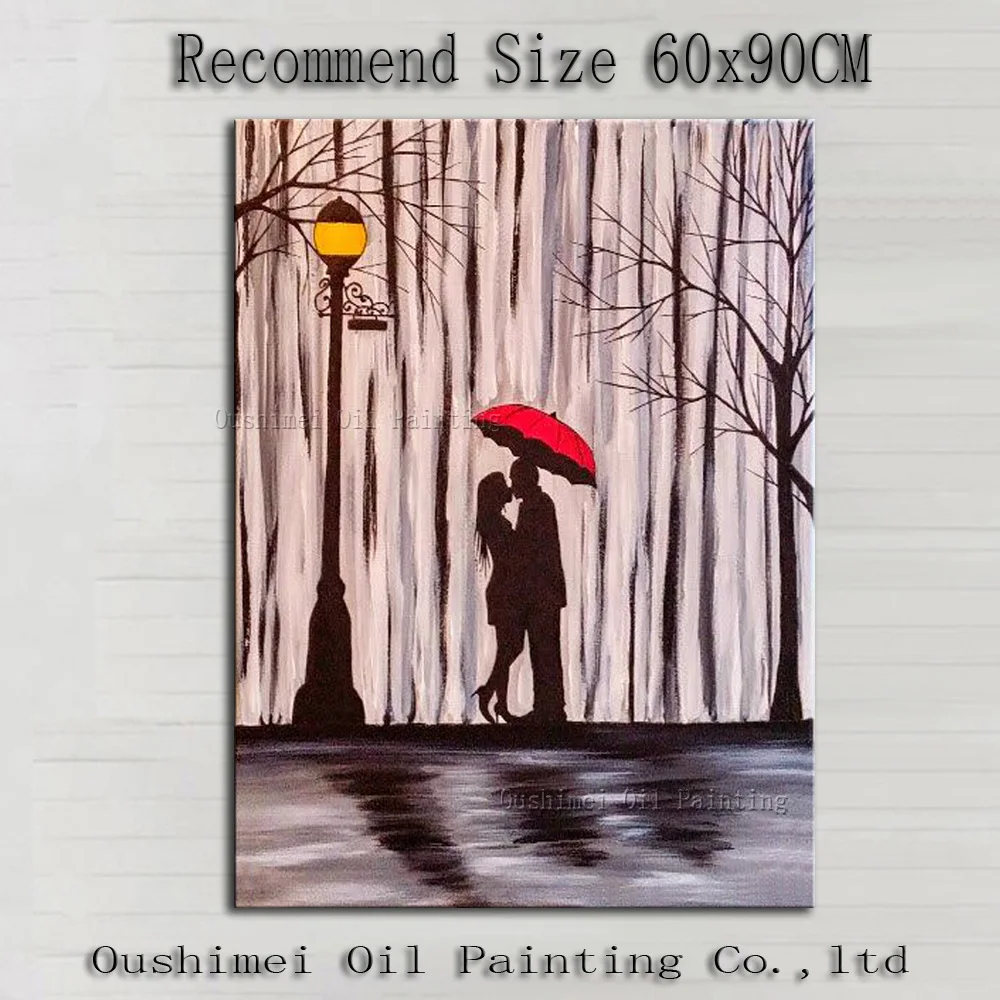 Skills Artist Handmade High Quality Romantic Oil Painting Hand-painted Lover Kissing In Rainy Picture For Wall Decorative