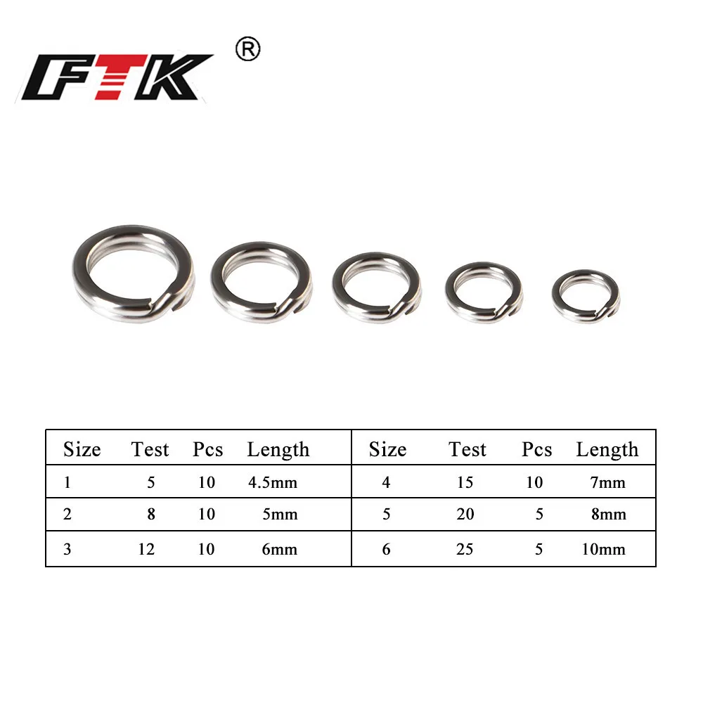 FTK Stainless Steel Hyper Strong Double Split Rings Connectors 5pcs/10pcs Size1#-6#  Ring Fishing Hook Lure Loops Fishing